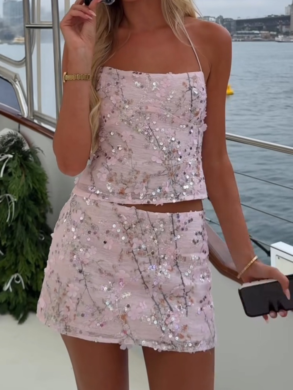 Pink Sequin Two-Piece Top and Skirt Set
